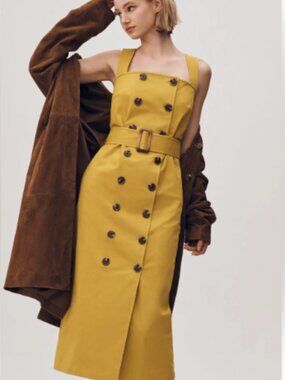 Anthropologie Mare Mare Mustard Belted Utility Trench Midi Dress XS